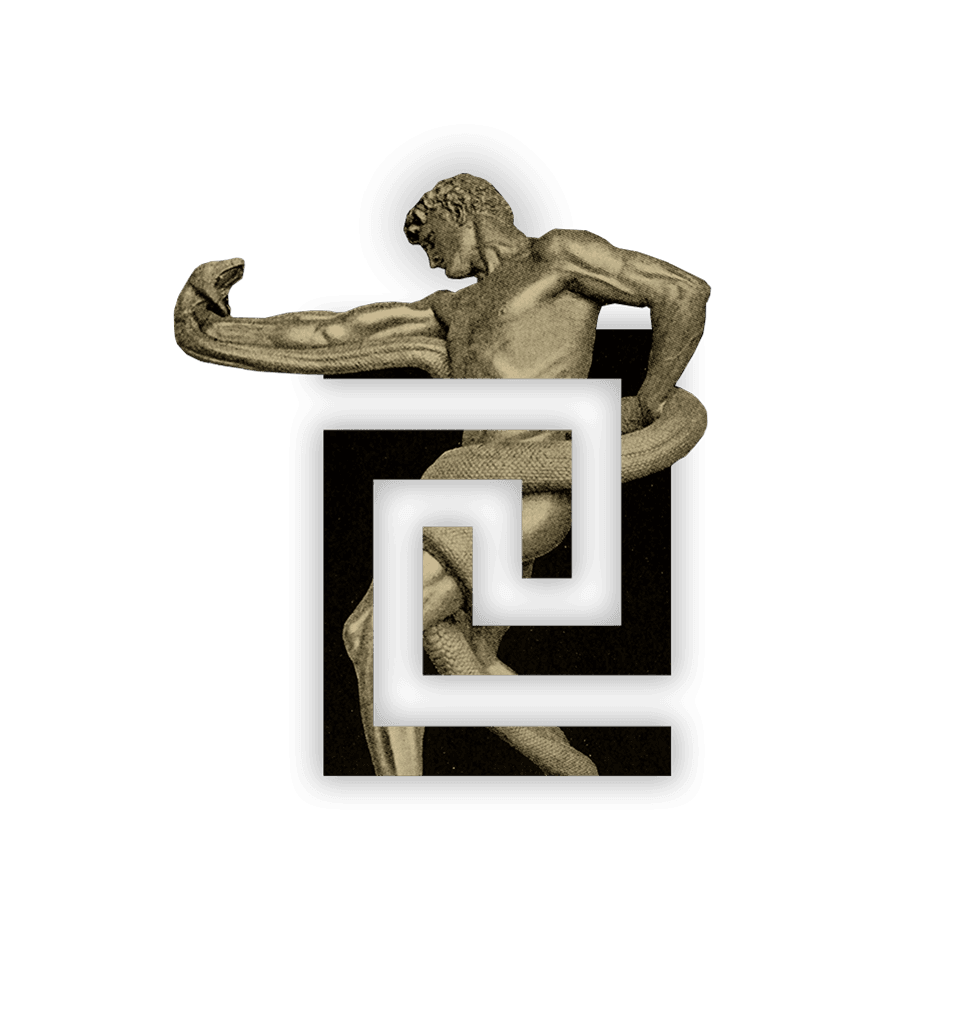 Classical athlete layered with geometric forms