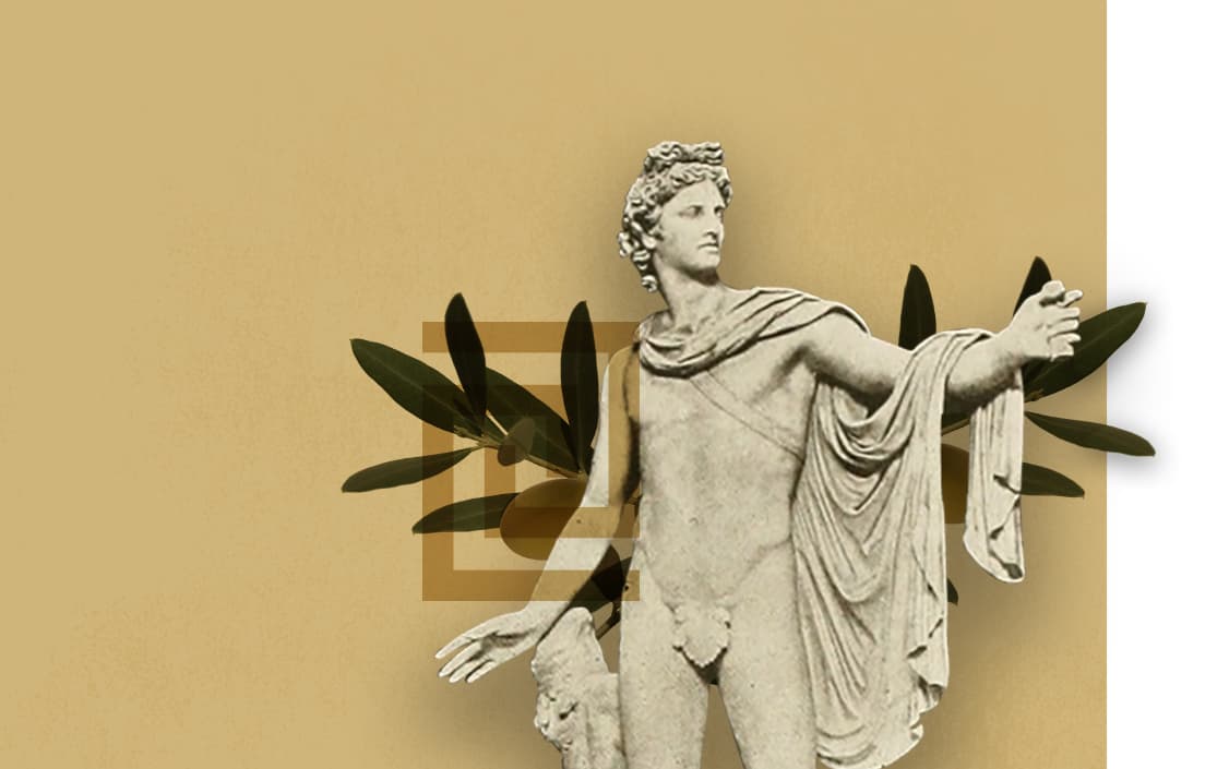 Classical sculpture reaching forward through olive foliage